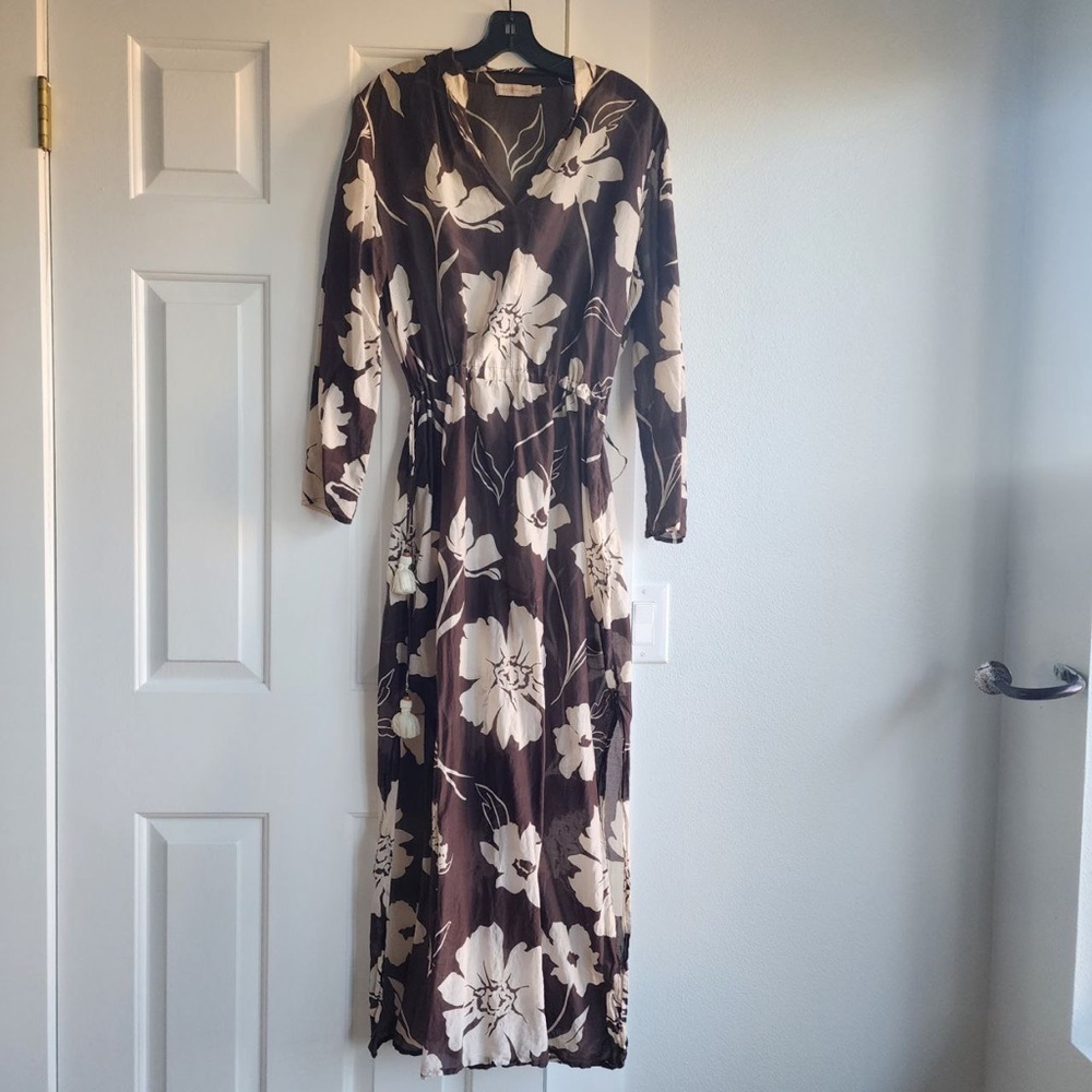 Tory Burch Printed Silk Tunic Collar Brown Daisy Dress sz L RARE no belt - Picture 6 of 10